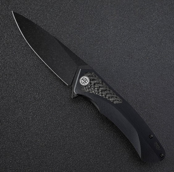 Petrified Fish Pub Folding Knife, D2 SW Black Blade, G10 Black/CF Inlay, 838CDW